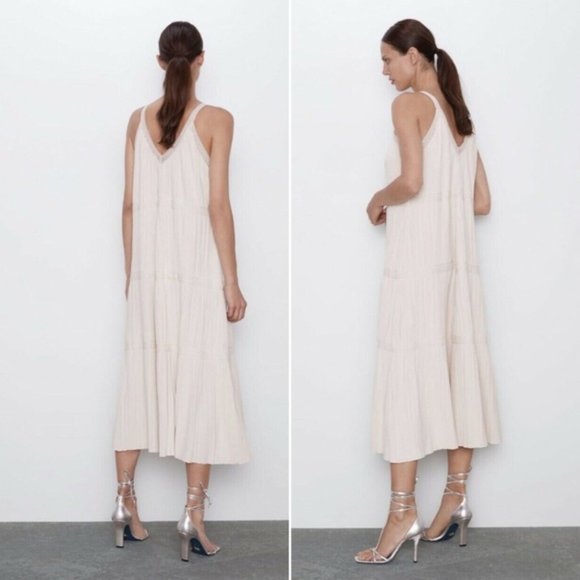 ZARA BANDAGE Knit Pleated Midi Dress Ivory Stretch Sleeveless V Neck Viscose L - Picture 2 of 16